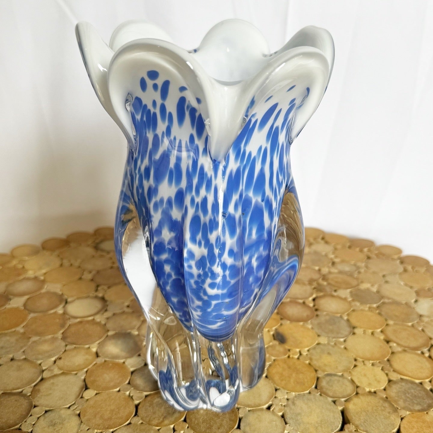 Vintage Royal Gallery Hand Blown Blue and White Glass Vase - Dolphin & Flamingo