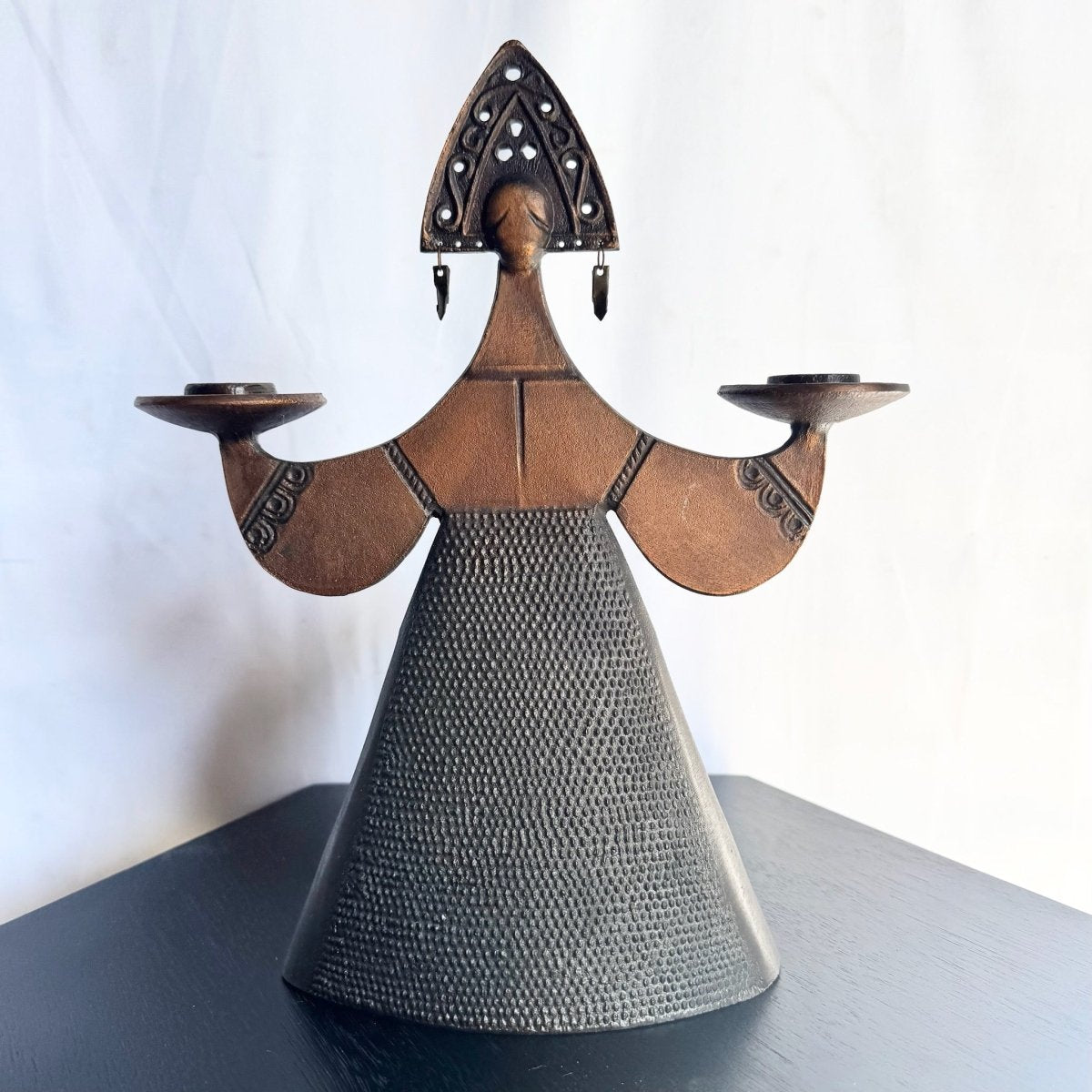 Vintage Russian Bjørn Wiinblad - Style Figural Lady Dress Copper Candle Holders/Candelabra - Dolphin & Flamingo