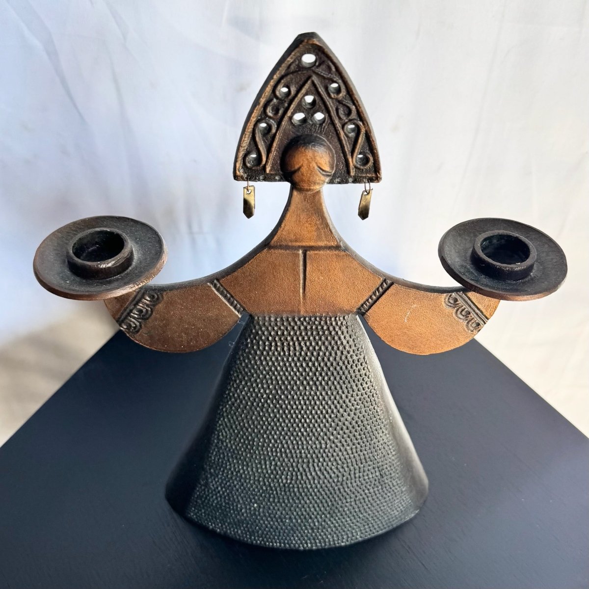 Vintage Russian Bjørn Wiinblad - Style Figural Lady Dress Copper Candle Holders/Candelabra - Dolphin & Flamingo