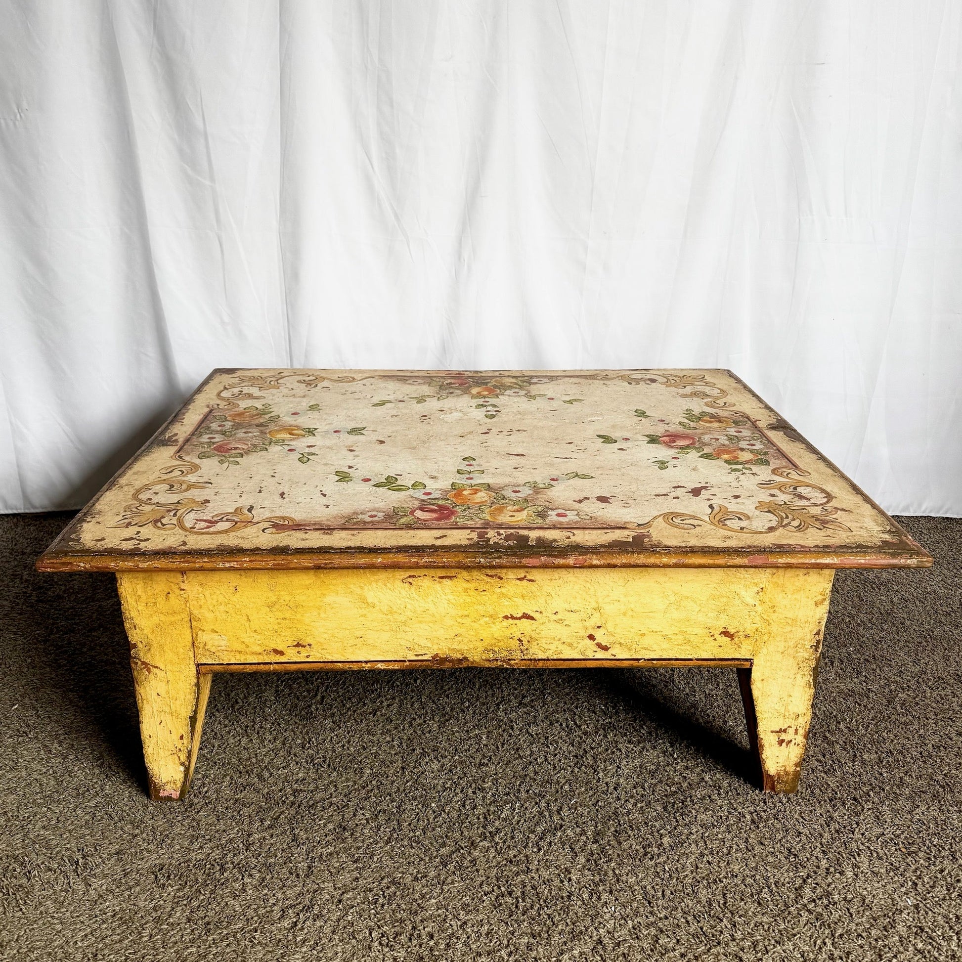 Vintage Rustic Brazilian Painted Coffee Table by Velha Bahia - Dolphin & Flamingo