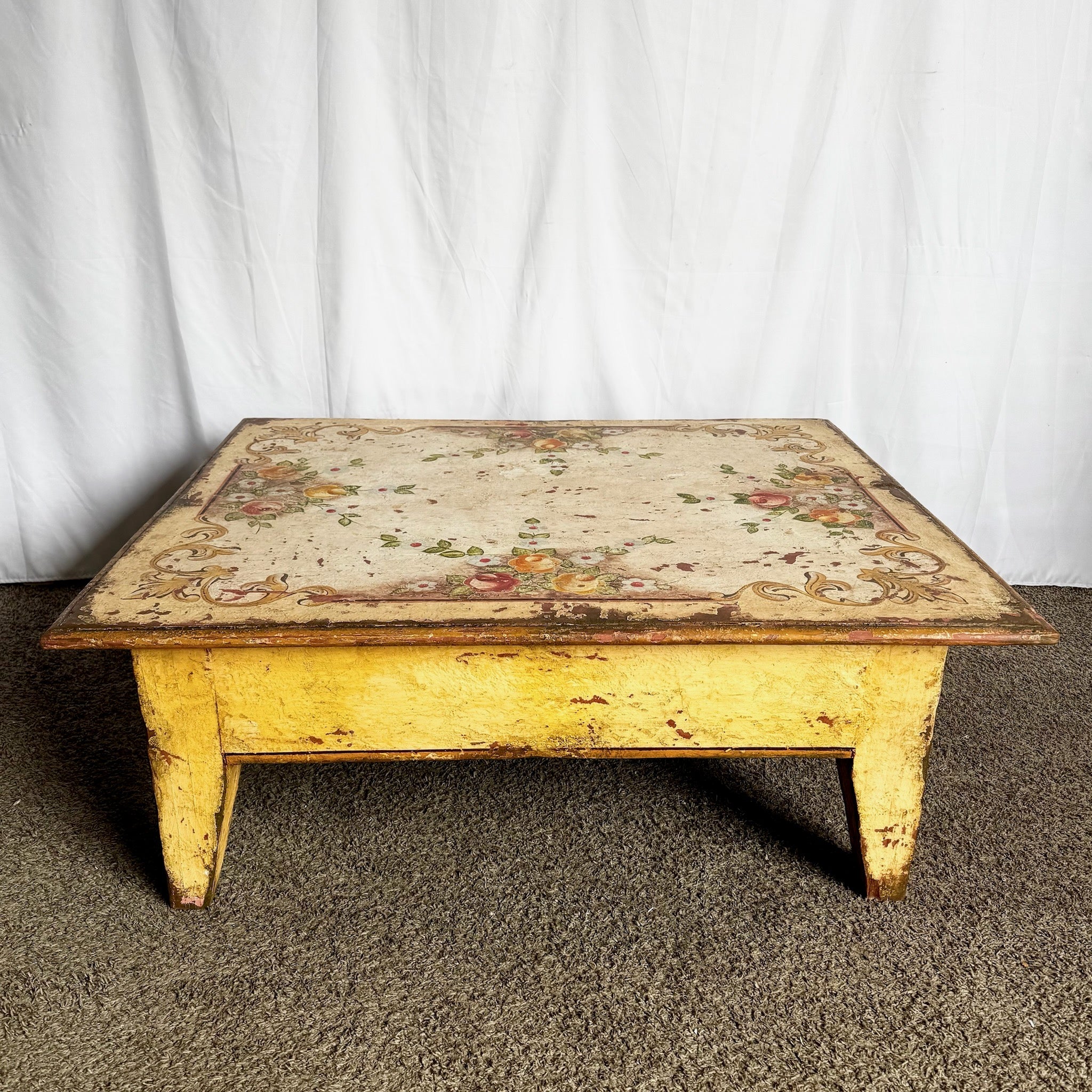 Vintage Rustic Brazilian Painted Coffee Table by Velha Bahia - Dolphin & Flamingo