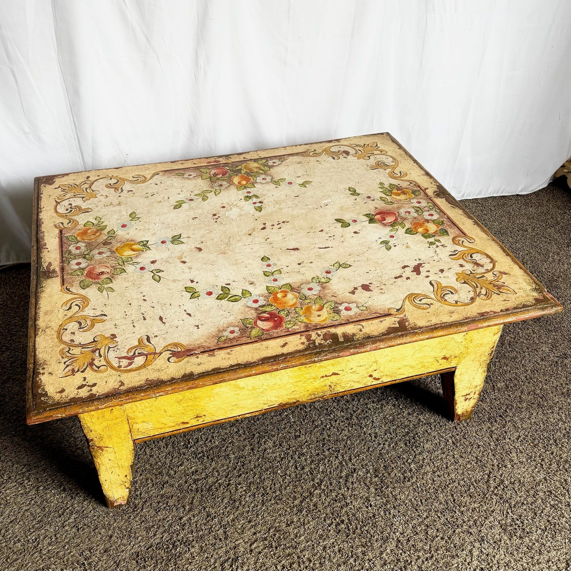 Vintage Rustic Brazilian Painted Coffee Table by Velha Bahia - Dolphin & Flamingo