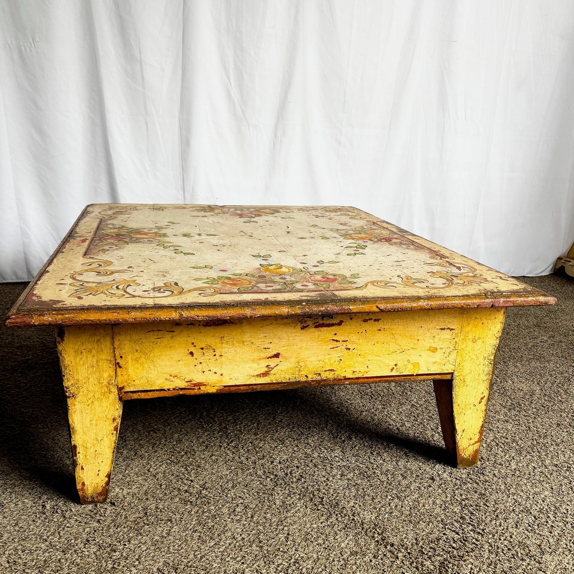 Vintage Rustic Brazilian Painted Coffee Table by Velha Bahia - Dolphin & Flamingo