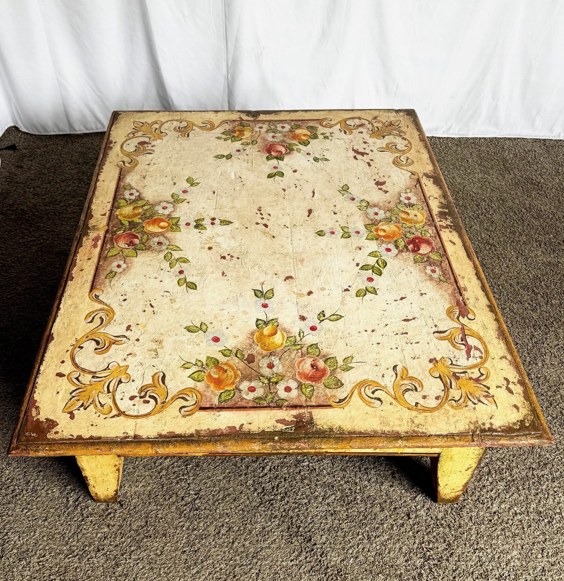 Vintage Rustic Brazilian Painted Coffee Table by Velha Bahia - Dolphin & Flamingo