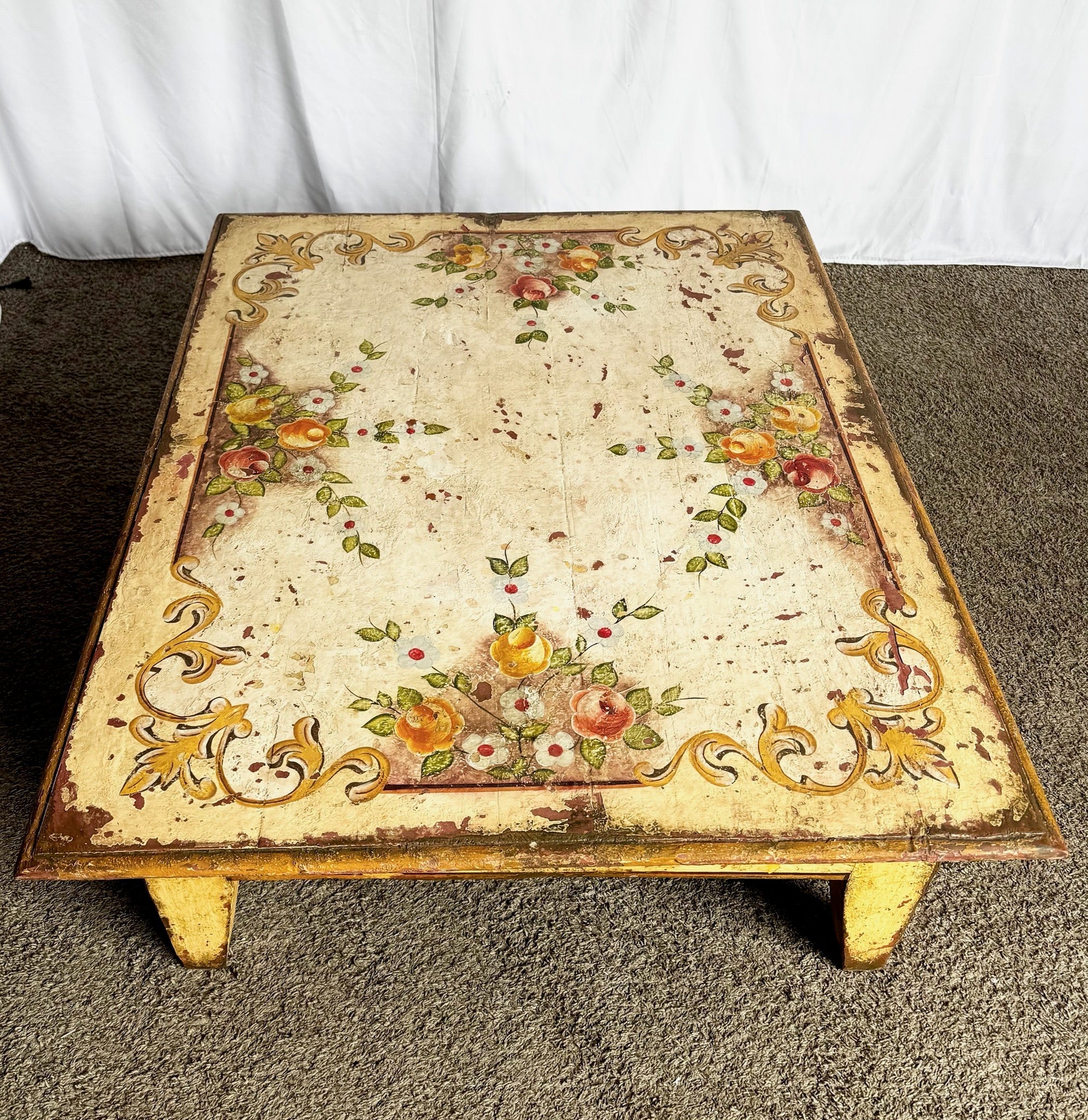 Vintage Rustic Brazilian Painted Coffee Table by Velha Bahia - Dolphin & Flamingo