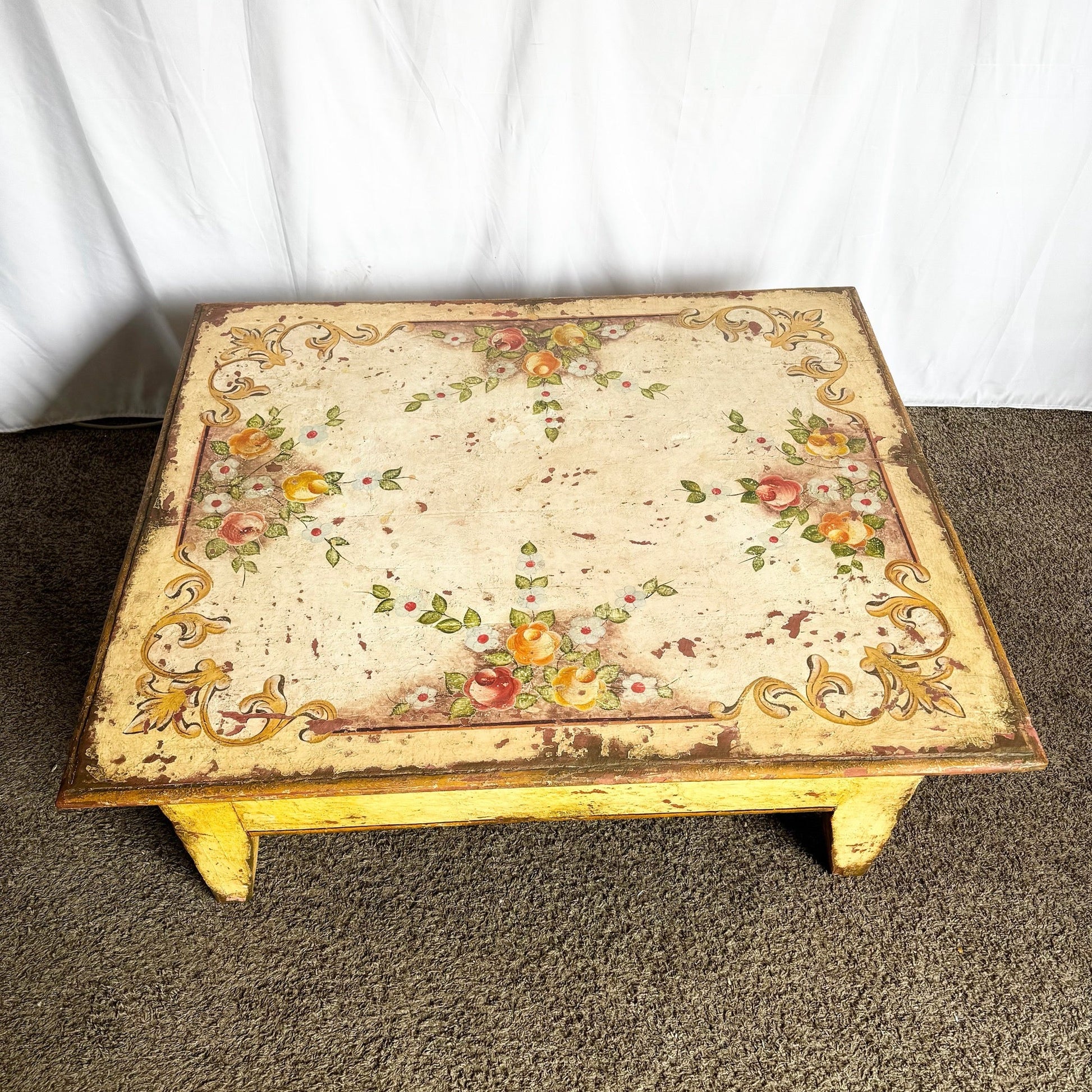 Vintage Rustic Brazilian Painted Coffee Table by Velha Bahia - Dolphin & Flamingo
