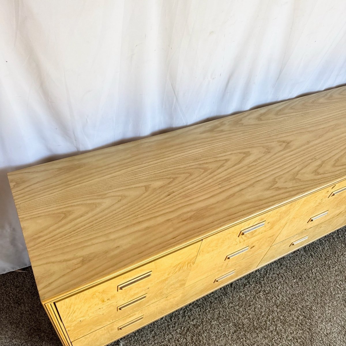 Vintage “Scene Two” Blonde Burlwood Dresser With Mirrors by Henredon - Dolphin & Flamingo