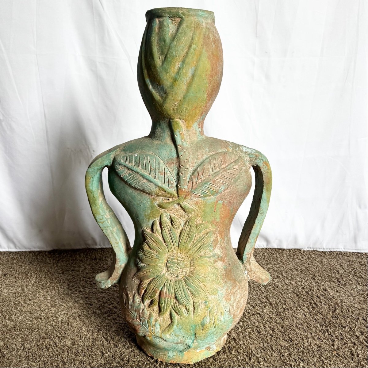 Vintage Sculpted Female Form Ceramic Vase With Sunflower and Leaf Motif - Dolphin & Flamingo