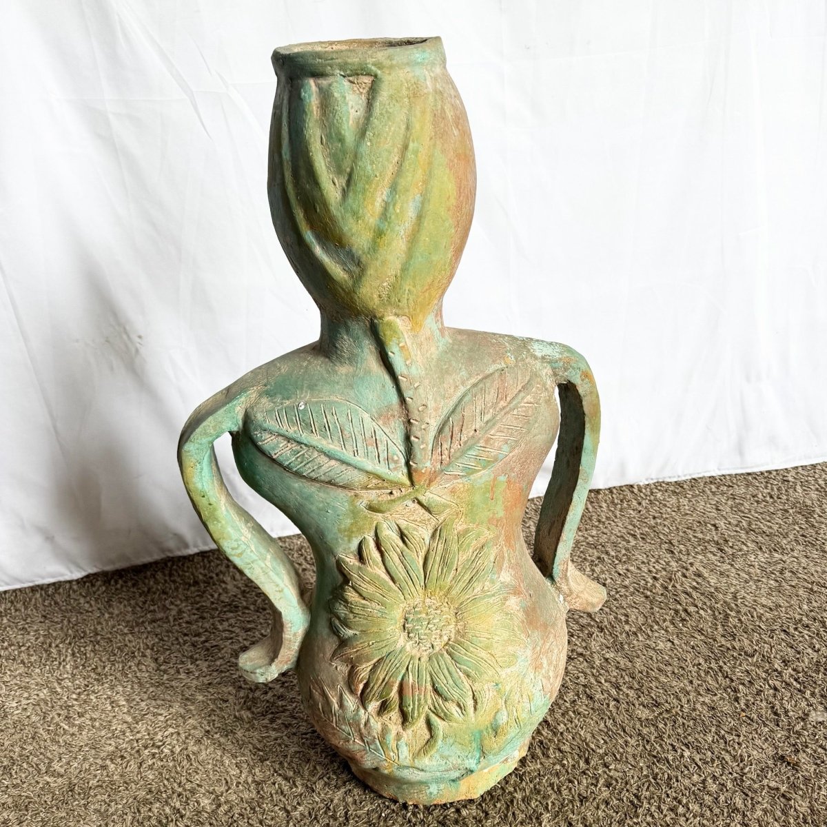 Vintage Sculpted Female Form Ceramic Vase With Sunflower and Leaf Motif - Dolphin & Flamingo