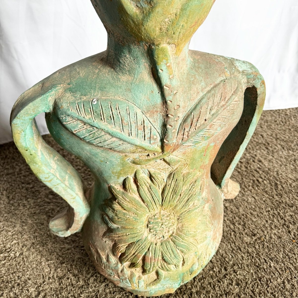 Vintage Sculpted Female Form Ceramic Vase With Sunflower and Leaf Motif - Dolphin & Flamingo