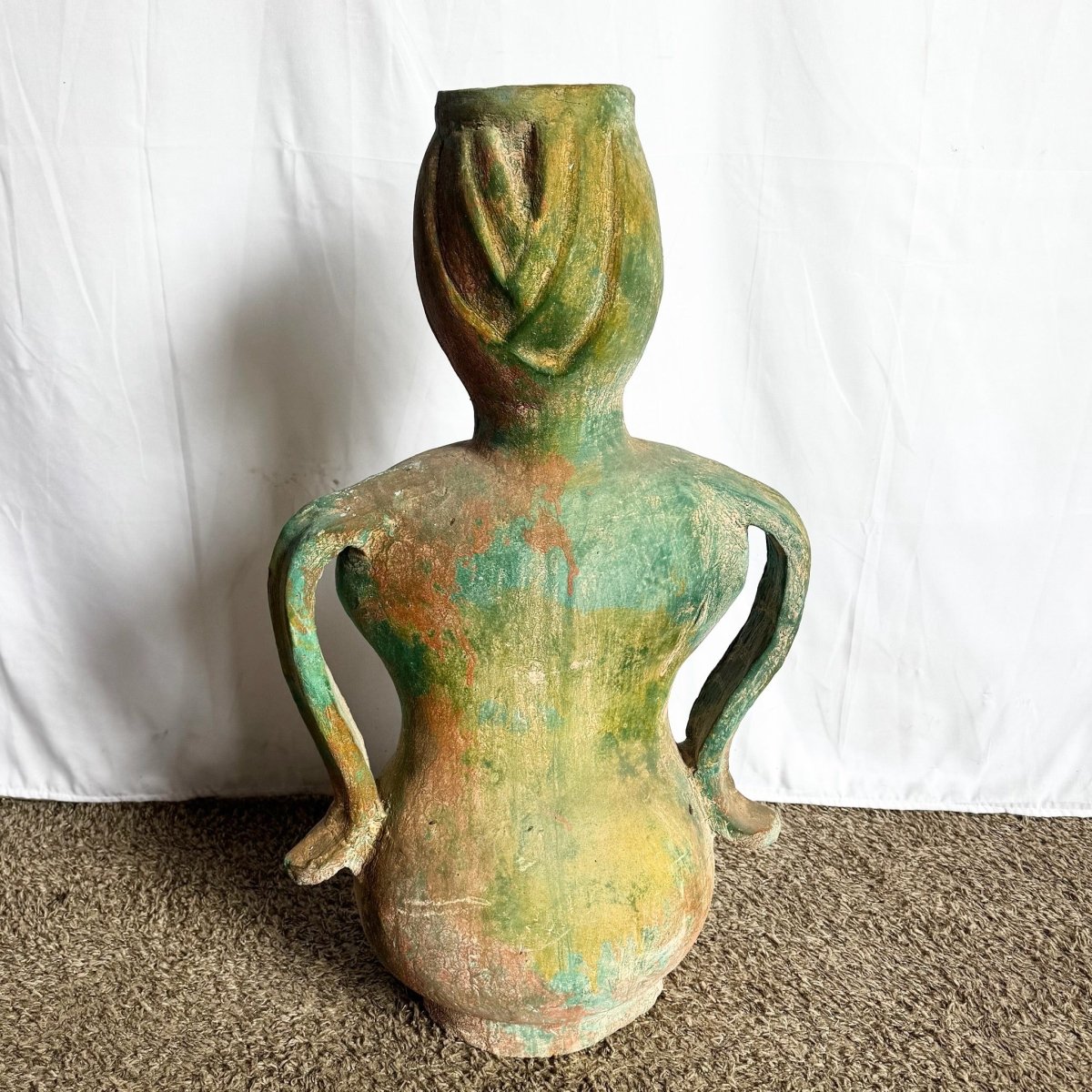 Vintage Sculpted Female Form Ceramic Vase With Sunflower and Leaf Motif - Dolphin & Flamingo