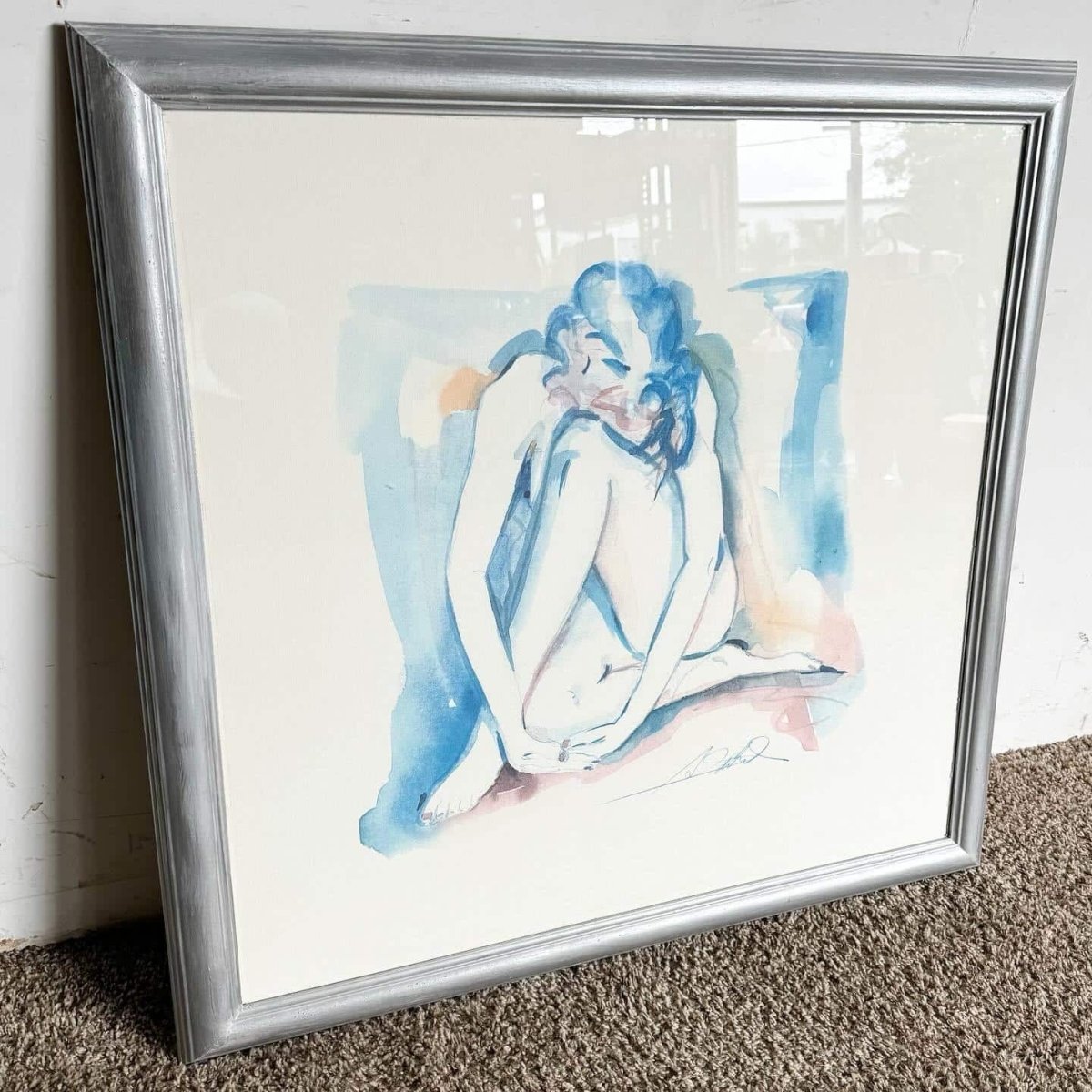 Vintage Singed and Framed Water Color Painting of Kneeling Lady - Dolphin & Flamingo