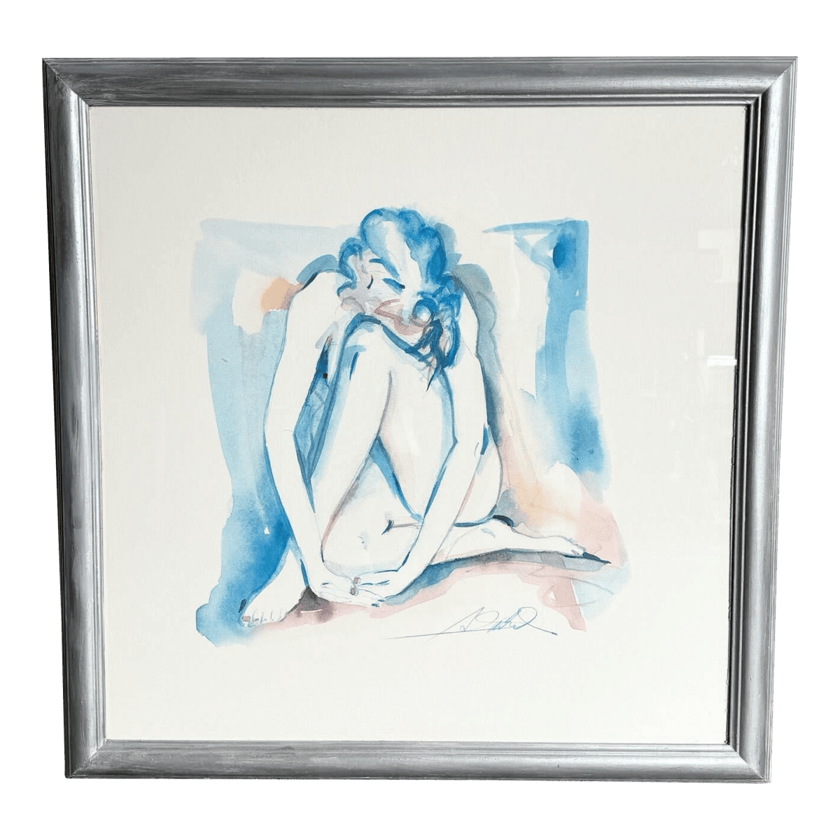 Vintage Singed and Framed Water Color Painting of Kneeling Lady - Dolphin & Flamingo