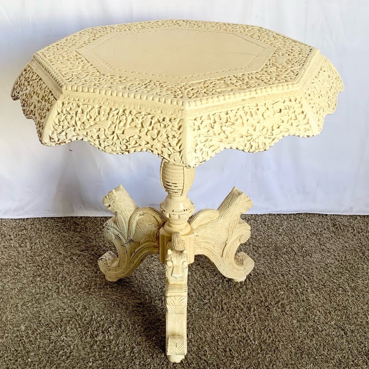 Vintage South East Asian Hand Carved Wooden Table - Dolphin & Flamingo