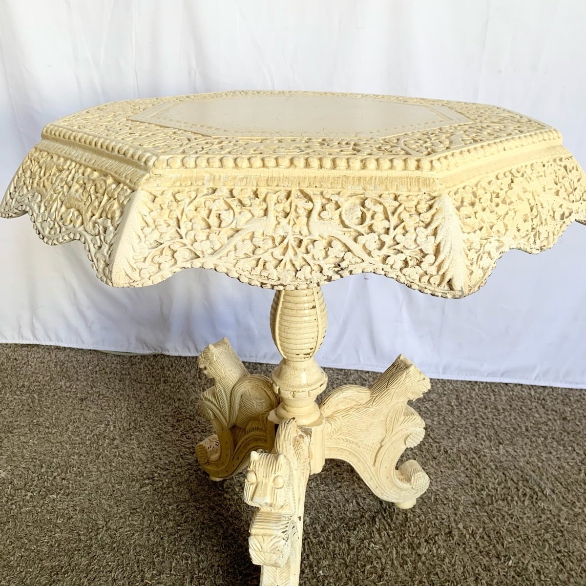 Vintage South East Asian Hand Carved Wooden Table - Dolphin & Flamingo