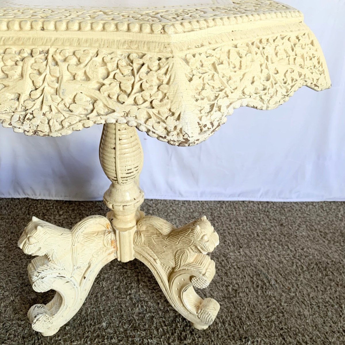 Vintage South East Asian Hand Carved Wooden Table - Dolphin & Flamingo