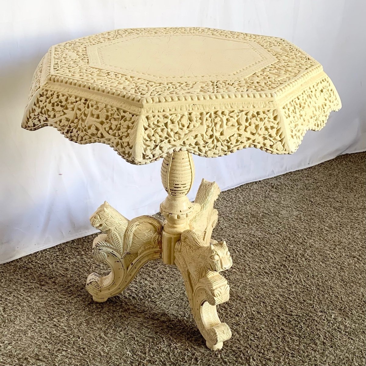 Vintage South East Asian Hand Carved Wooden Table - Dolphin & Flamingo