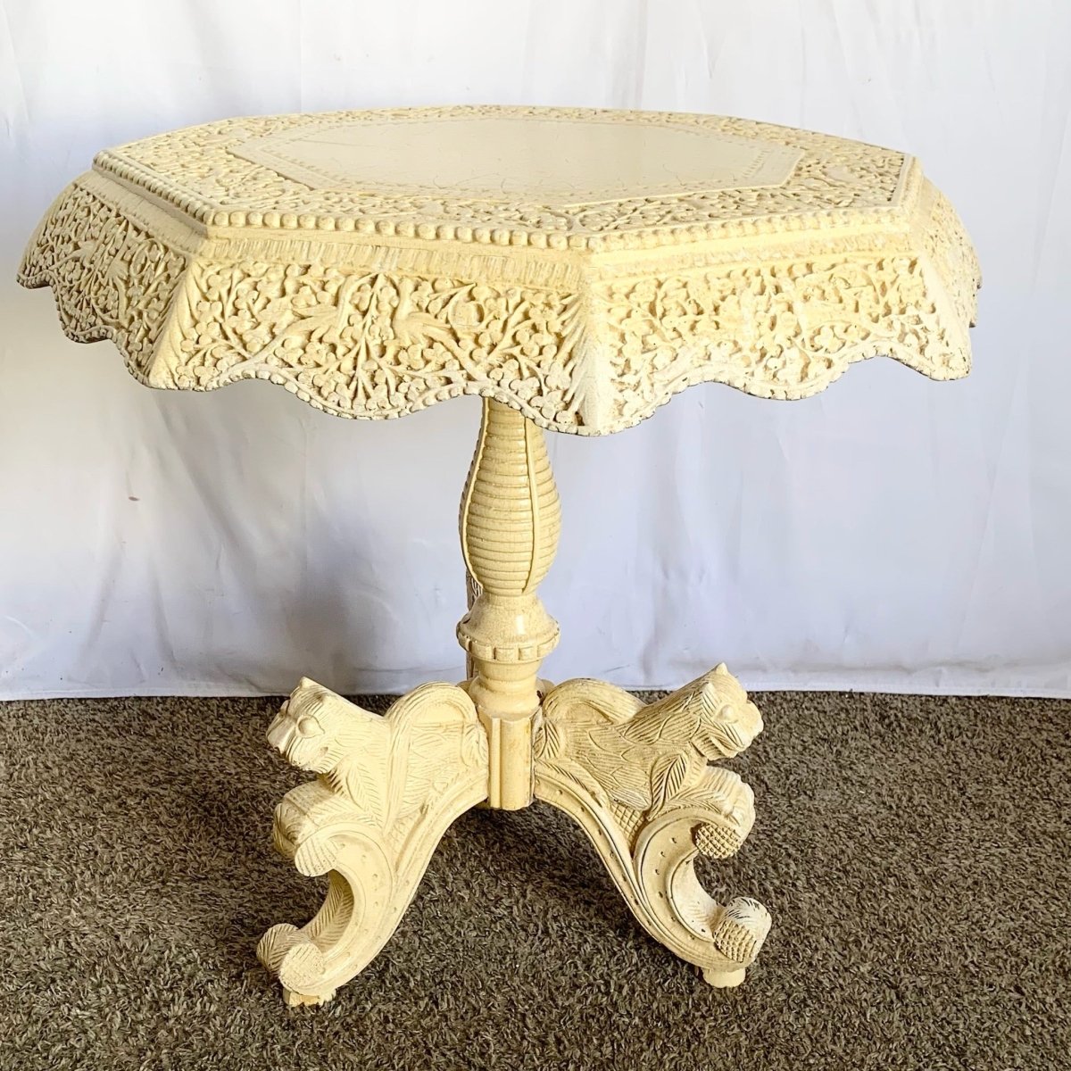 Vintage South East Asian Hand Carved Wooden Table - Dolphin & Flamingo