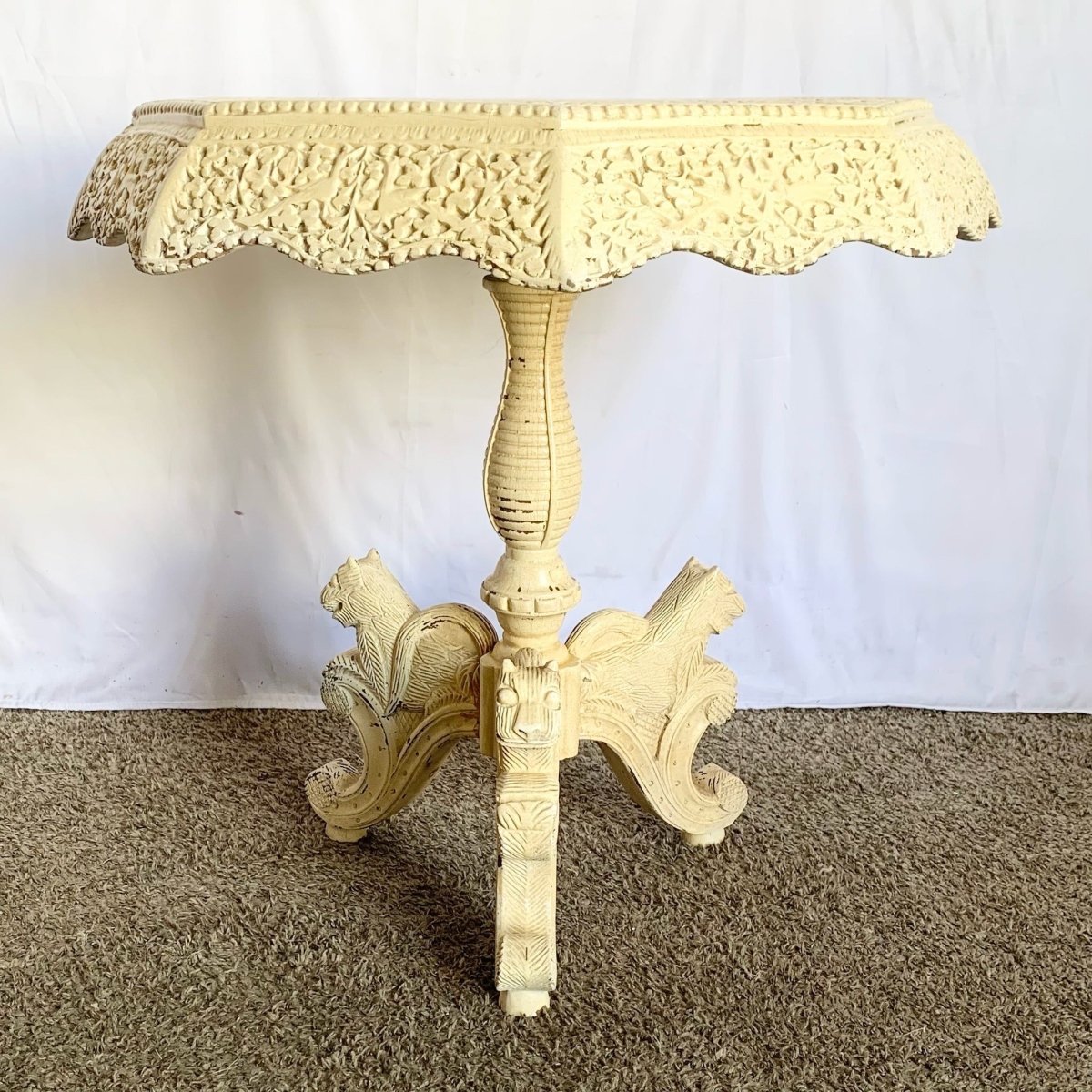 Vintage South East Asian Hand Carved Wooden Table - Dolphin & Flamingo