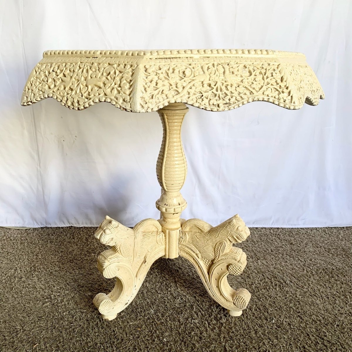 Vintage South East Asian Hand Carved Wooden Table - Dolphin & Flamingo