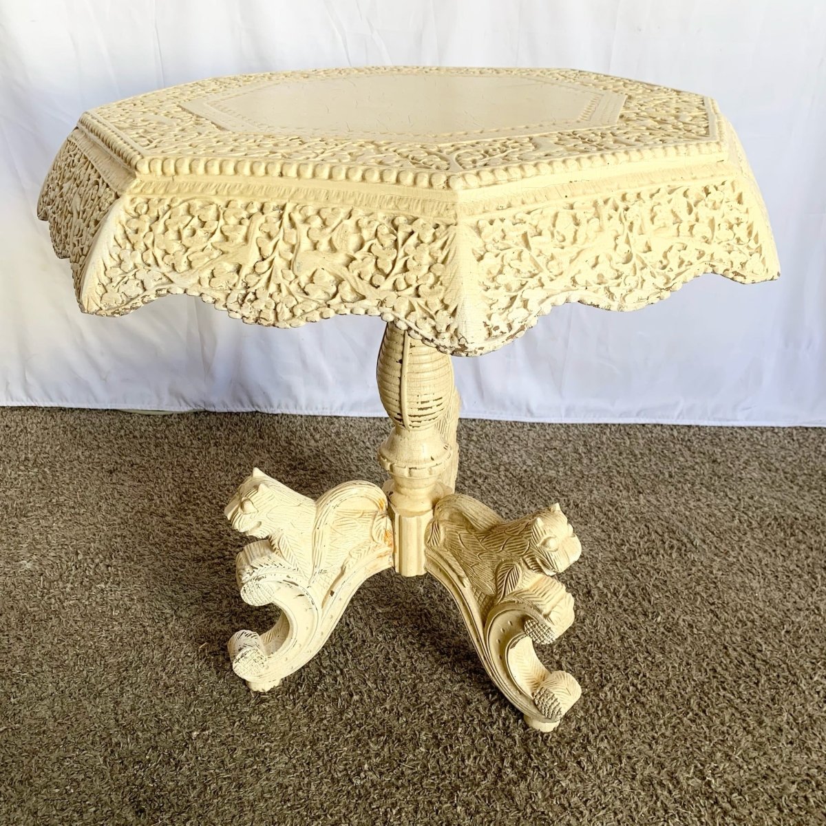 Vintage South East Asian Hand Carved Wooden Table - Dolphin & Flamingo