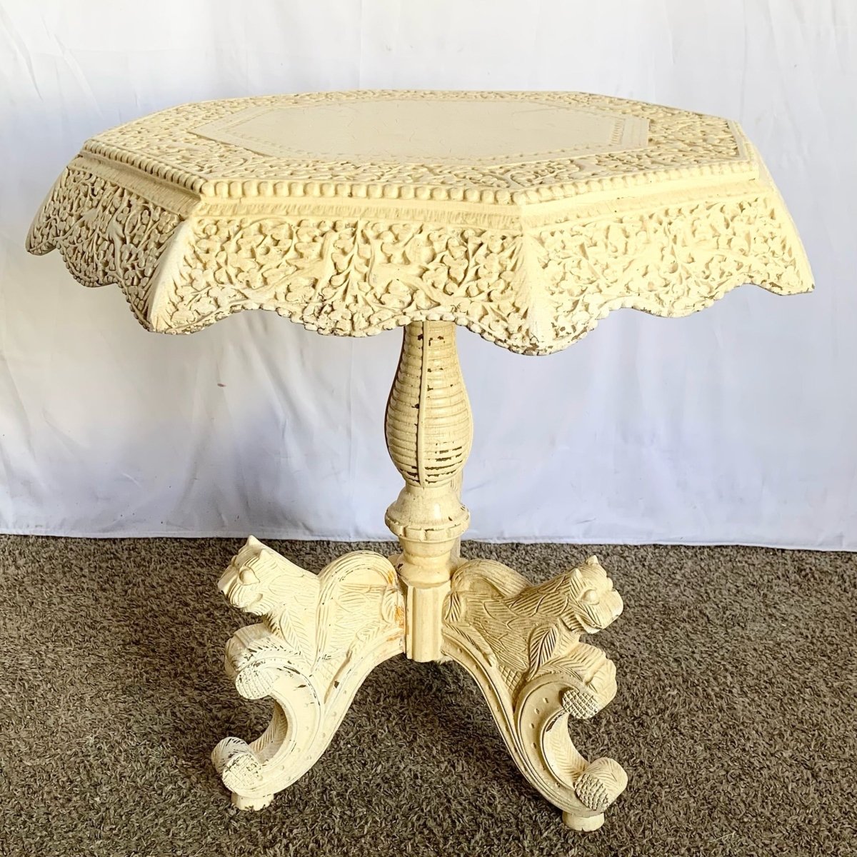 Vintage South East Asian Hand Carved Wooden Table - Dolphin & Flamingo