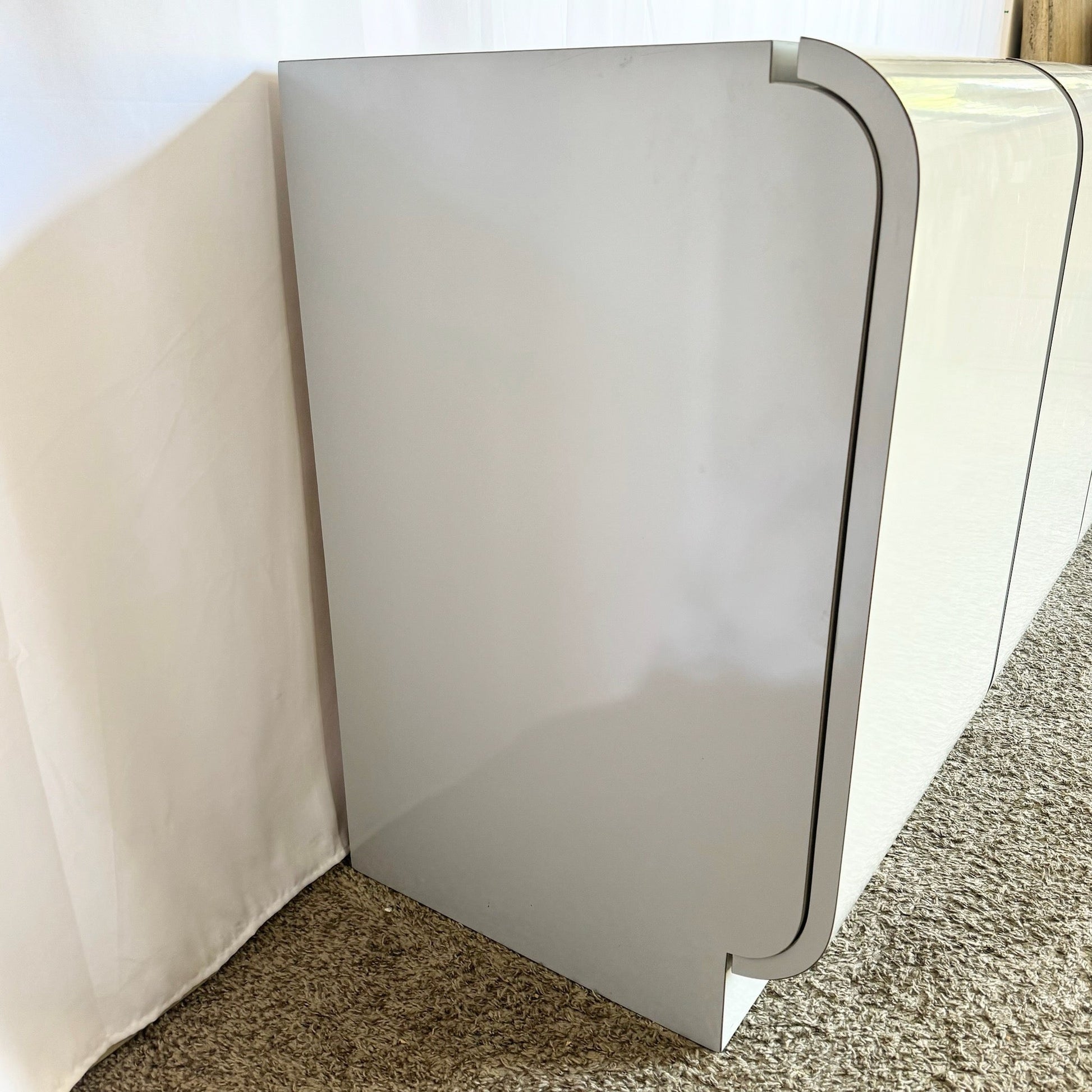Vintage Space Age Grey Lacquer Laminate Waterfall Door Credenza - Dolphin & Flamingo