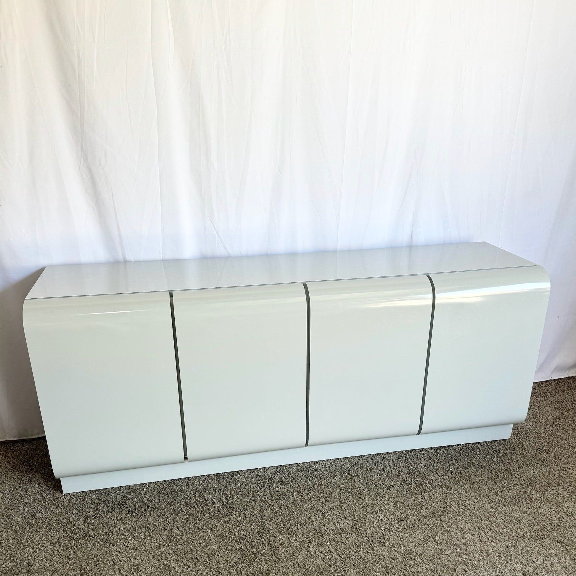 Vintage Space Age Grey Lacquer Laminate Waterfall Door Credenza - Dolphin & Flamingo