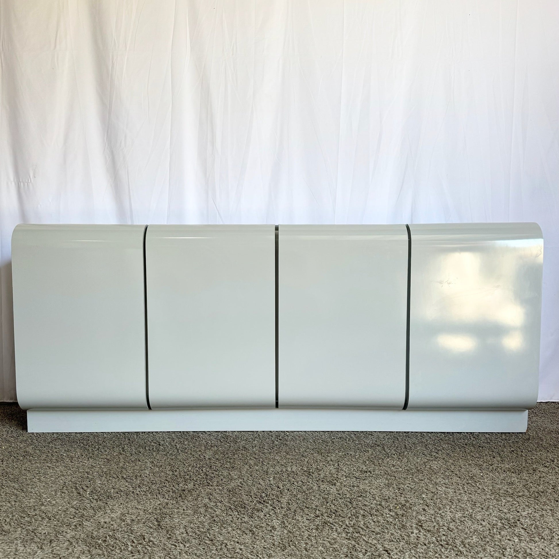Vintage Space Age Grey Lacquer Laminate Waterfall Door Credenza - Dolphin & Flamingo