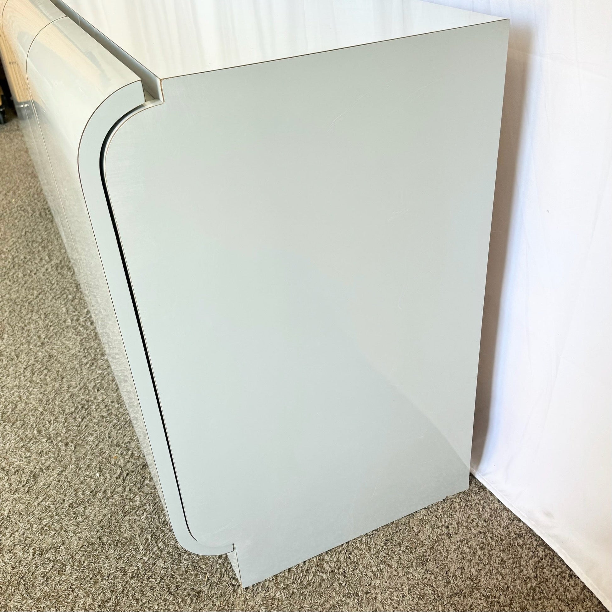 Vintage Space Age Grey Lacquer Laminate Waterfall Door Credenza - Dolphin & Flamingo