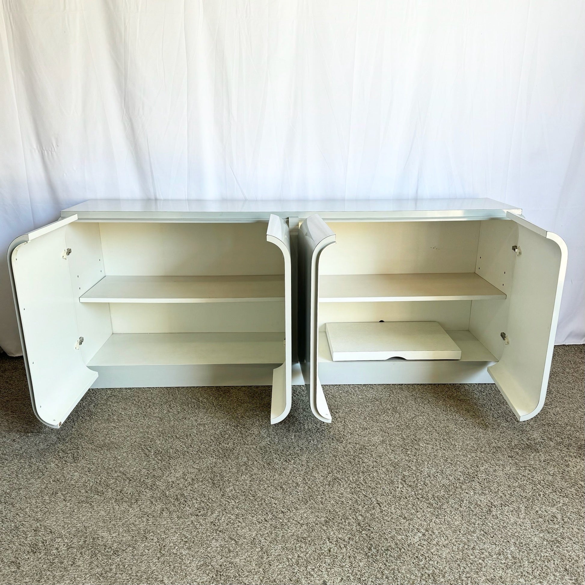 Vintage Space Age Grey Lacquer Laminate Waterfall Door Credenza - Dolphin & Flamingo