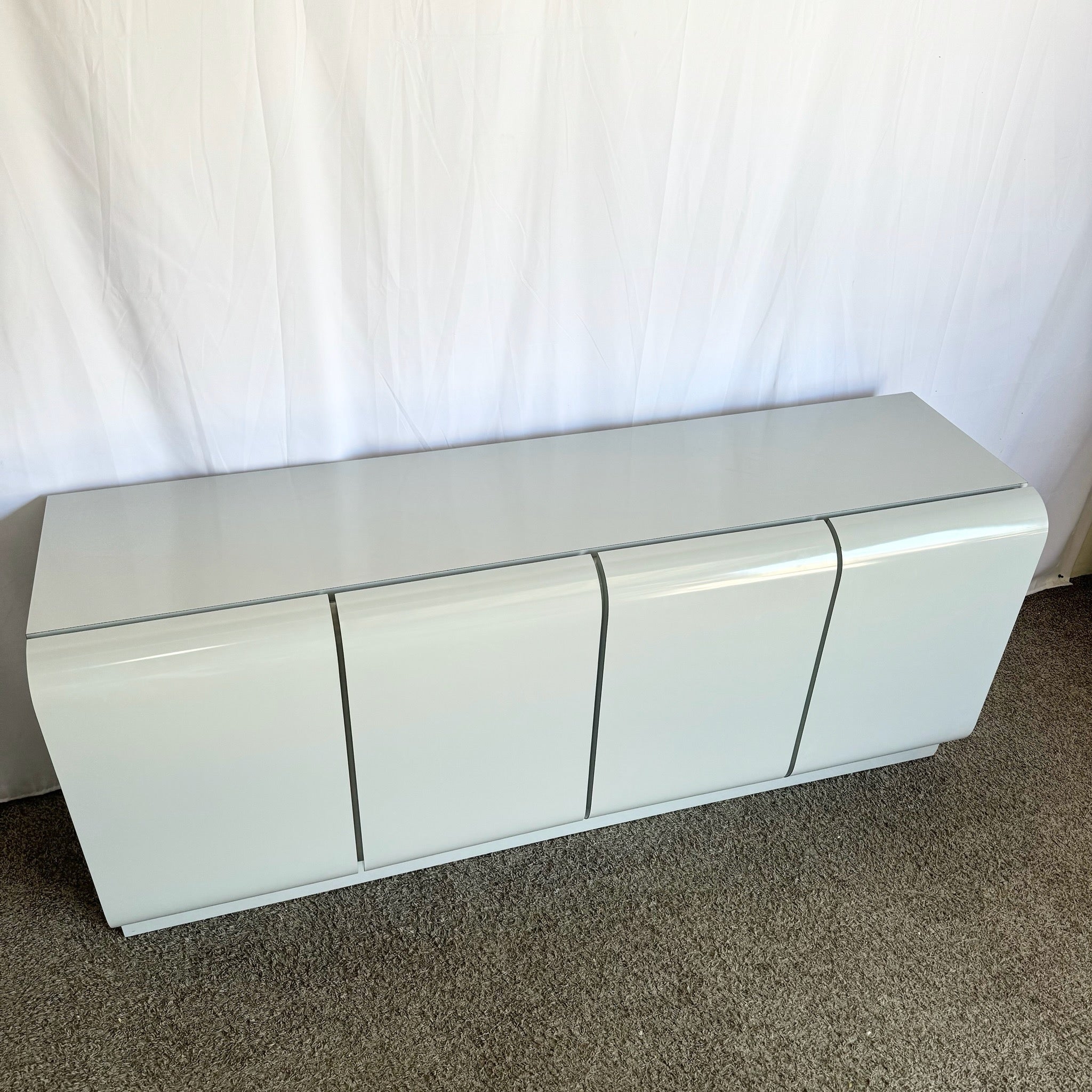 Vintage Space Age Grey Lacquer Laminate Waterfall Door Credenza - Dolphin & Flamingo