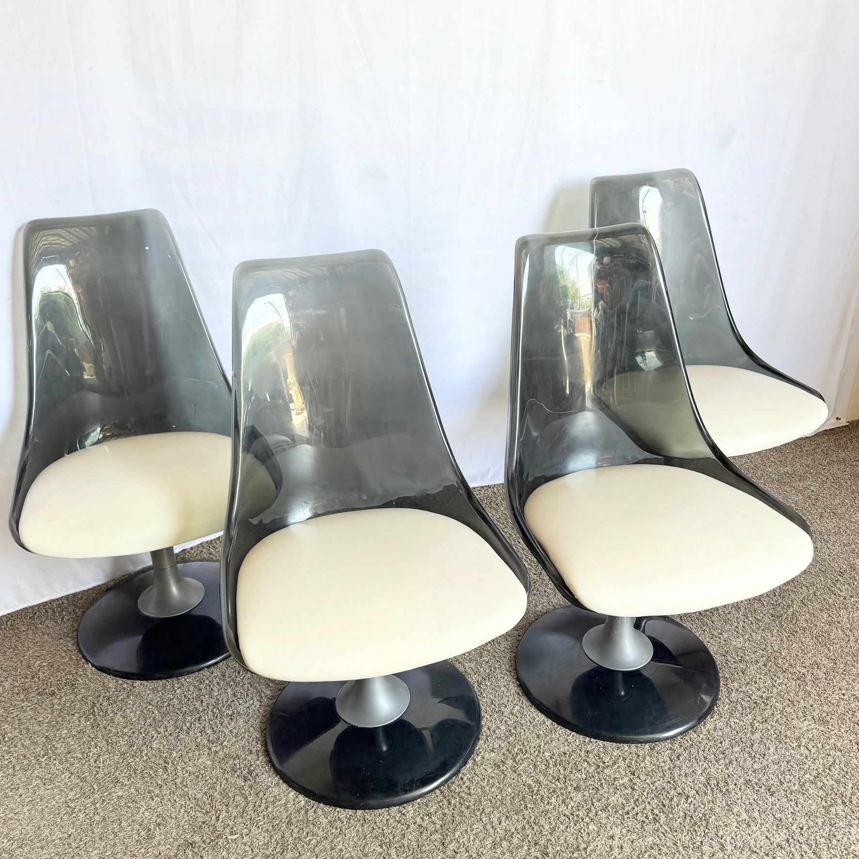 Vintage Space Age Modern Smoked Lucite Swivel Dining Chairs by Chromcraft - Set of 4 - Dolphin & Flamingo
