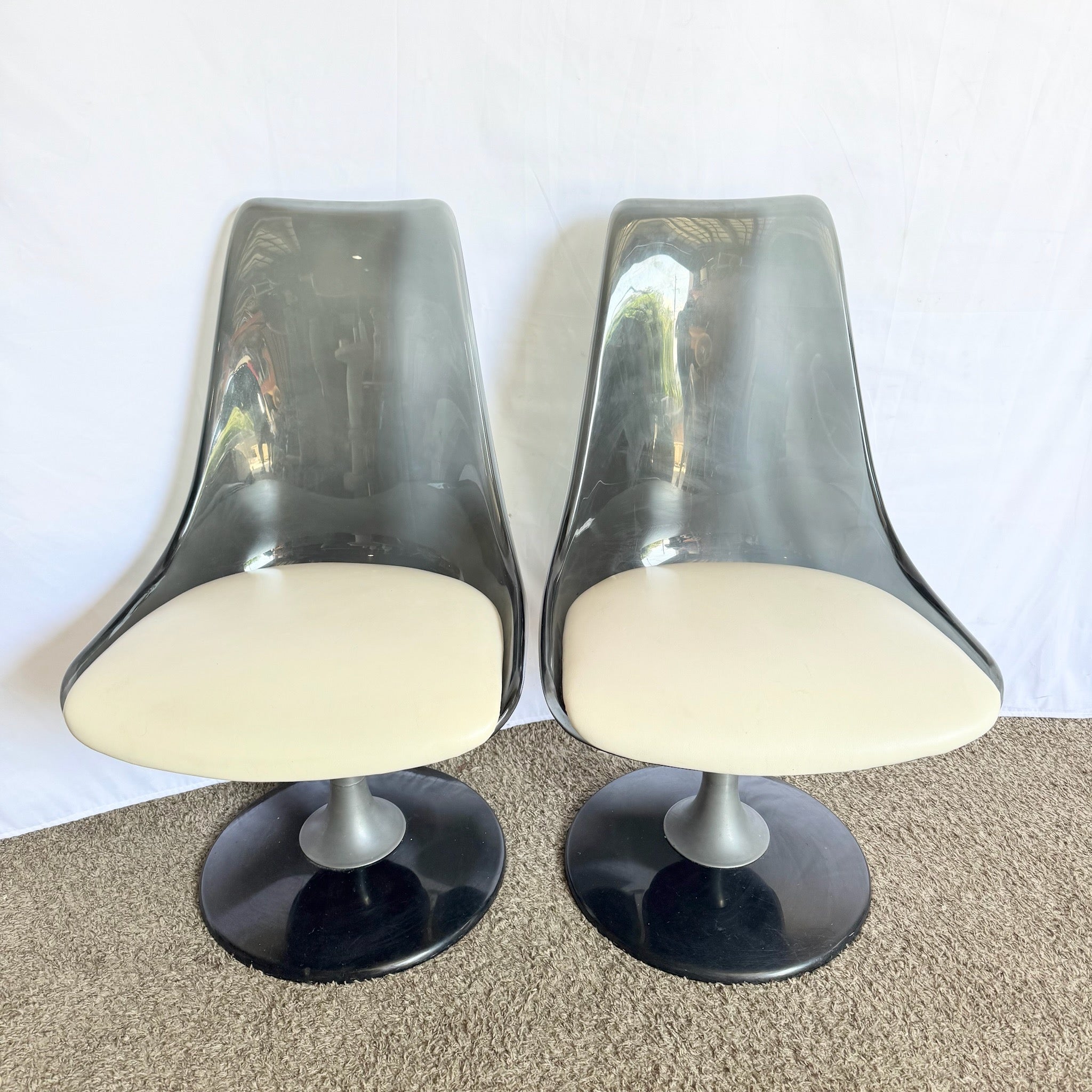 Vintage Space Age Modern Smoked Lucite Swivel Dining Chairs by Chromcraft - Set of 4 - Dolphin & Flamingo