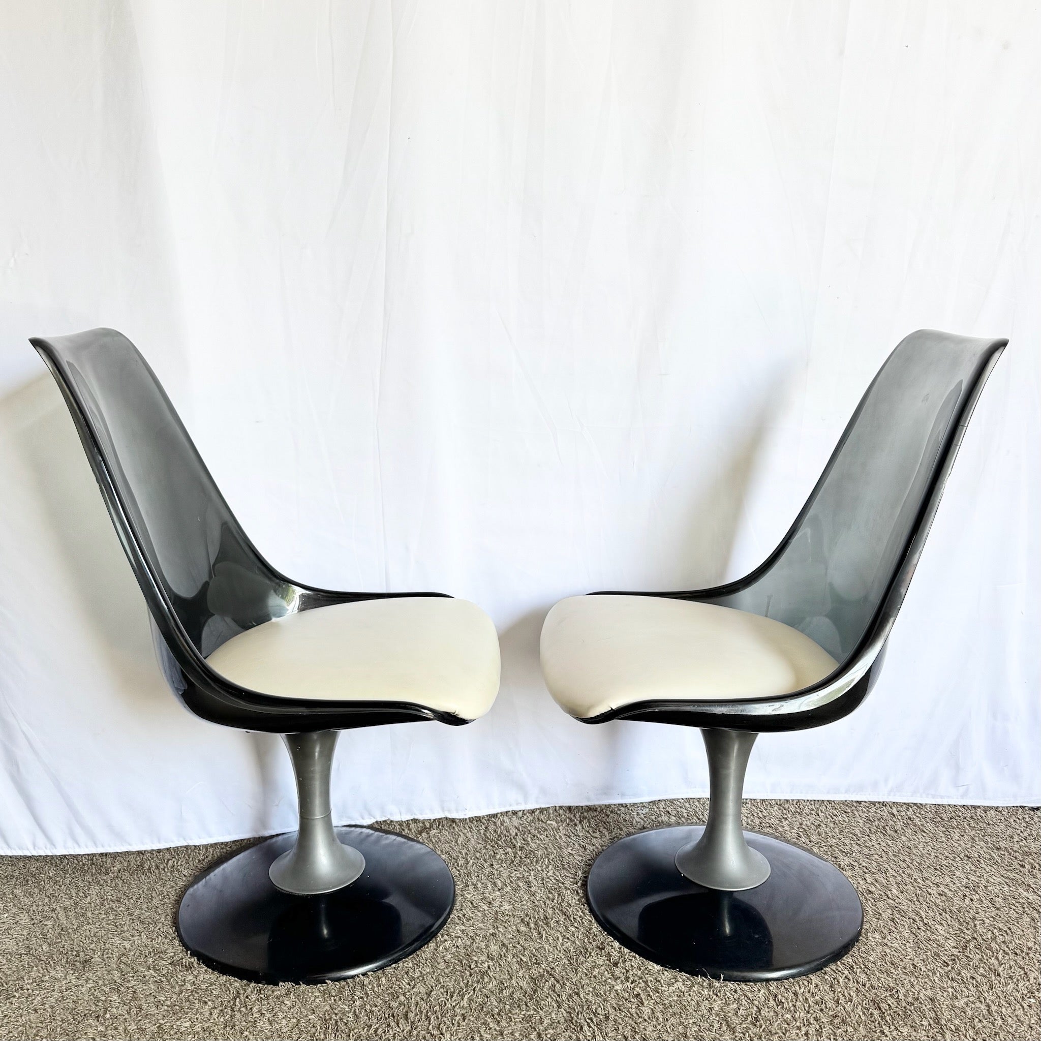 Vintage Space Age Modern Smoked Lucite Swivel Dining Chairs by Chromcraft - Set of 4 - Dolphin & Flamingo