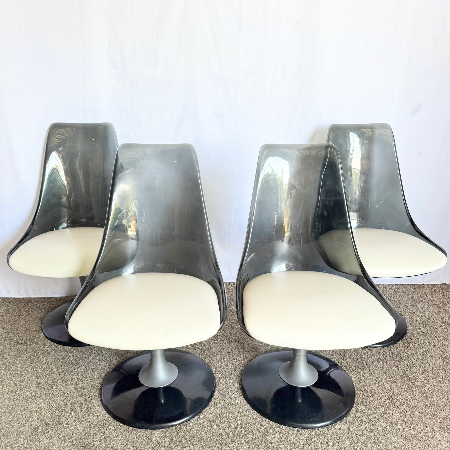 Vintage Space Age Modern Smoked Lucite Swivel Dining Chairs by Chromcraft - Set of 4 - Dolphin & Flamingo
