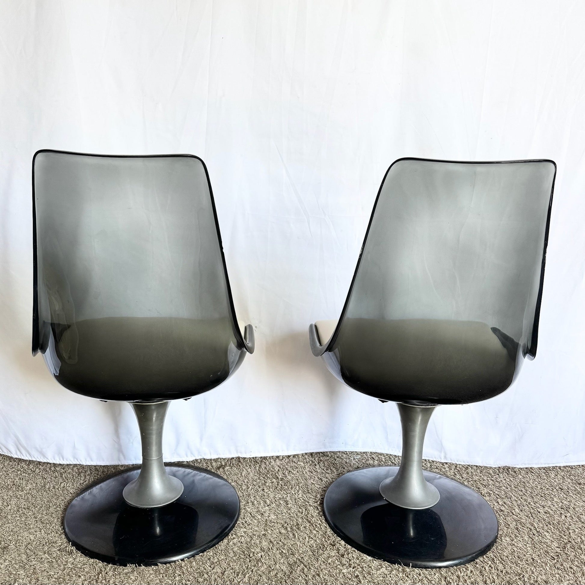 Vintage Space Age Modern Smoked Lucite Swivel Dining Chairs by Chromcraft - Set of 4 - Dolphin & Flamingo