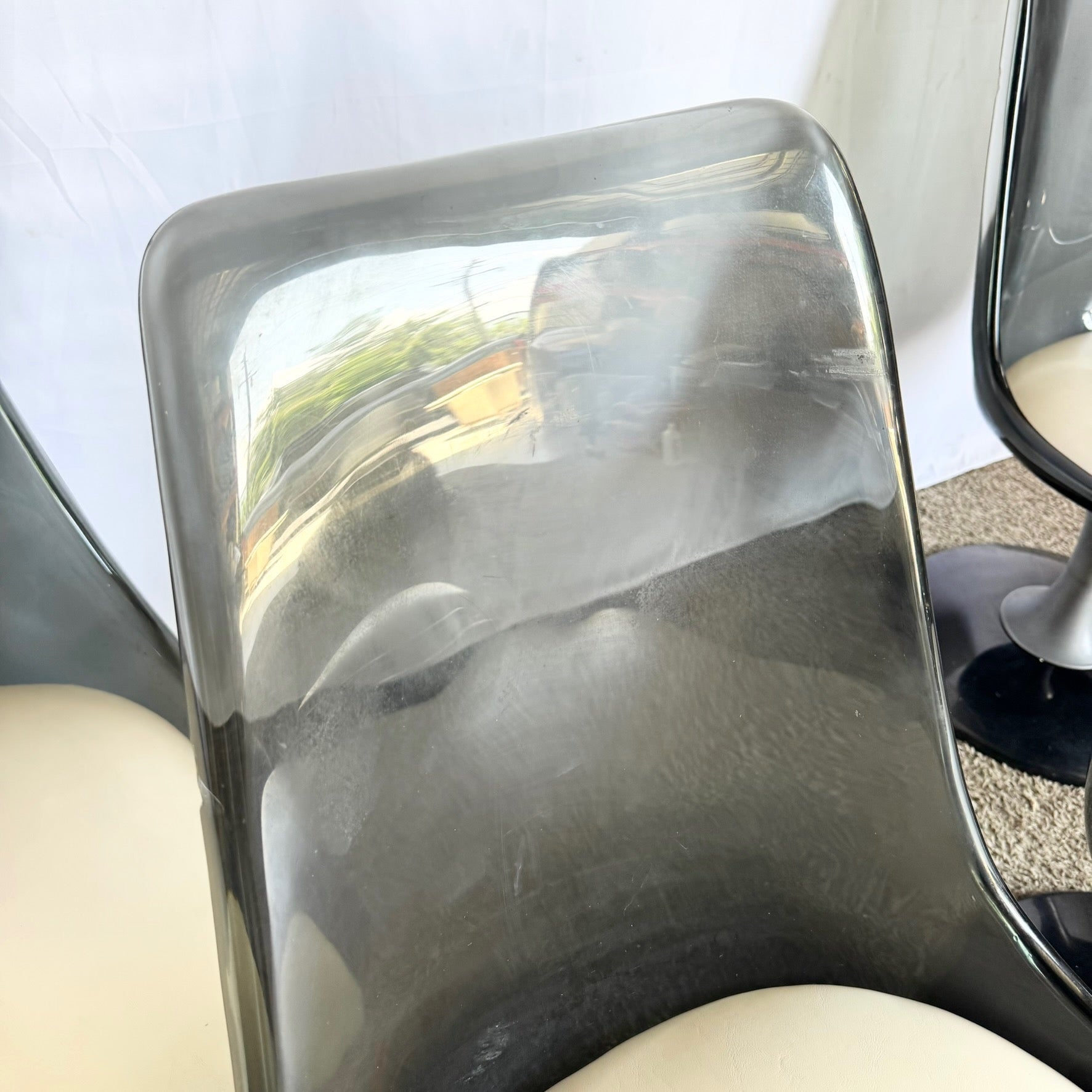 Vintage Space Age Modern Smoked Lucite Swivel Dining Chairs by Chromcraft - Set of 4 - Dolphin & Flamingo