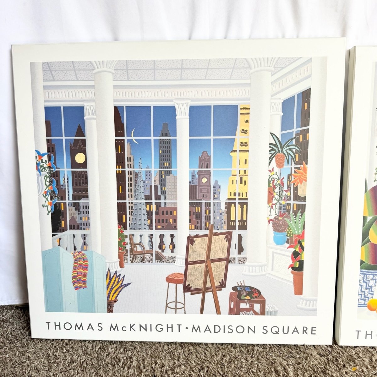 Vintage Thomas McKnight Madison Square and Manhattan Prints on Wood Bard Frame - Two Pieces - Dolphin & Flamingo
