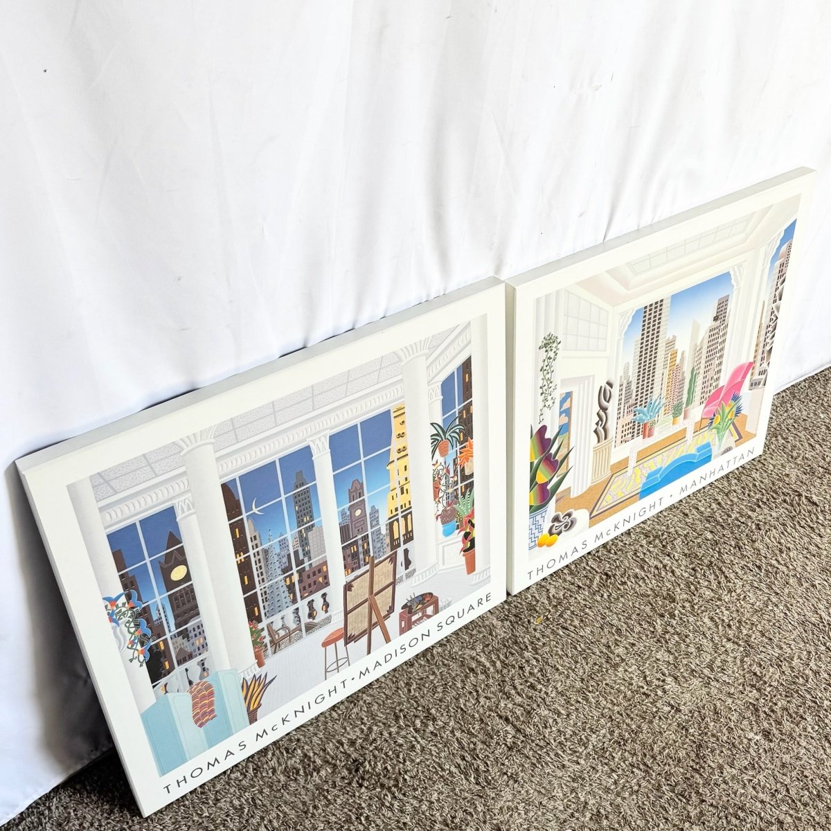 Vintage Thomas McKnight Madison Square and Manhattan Prints on Wood Bard Frame - Two Pieces - Dolphin & Flamingo