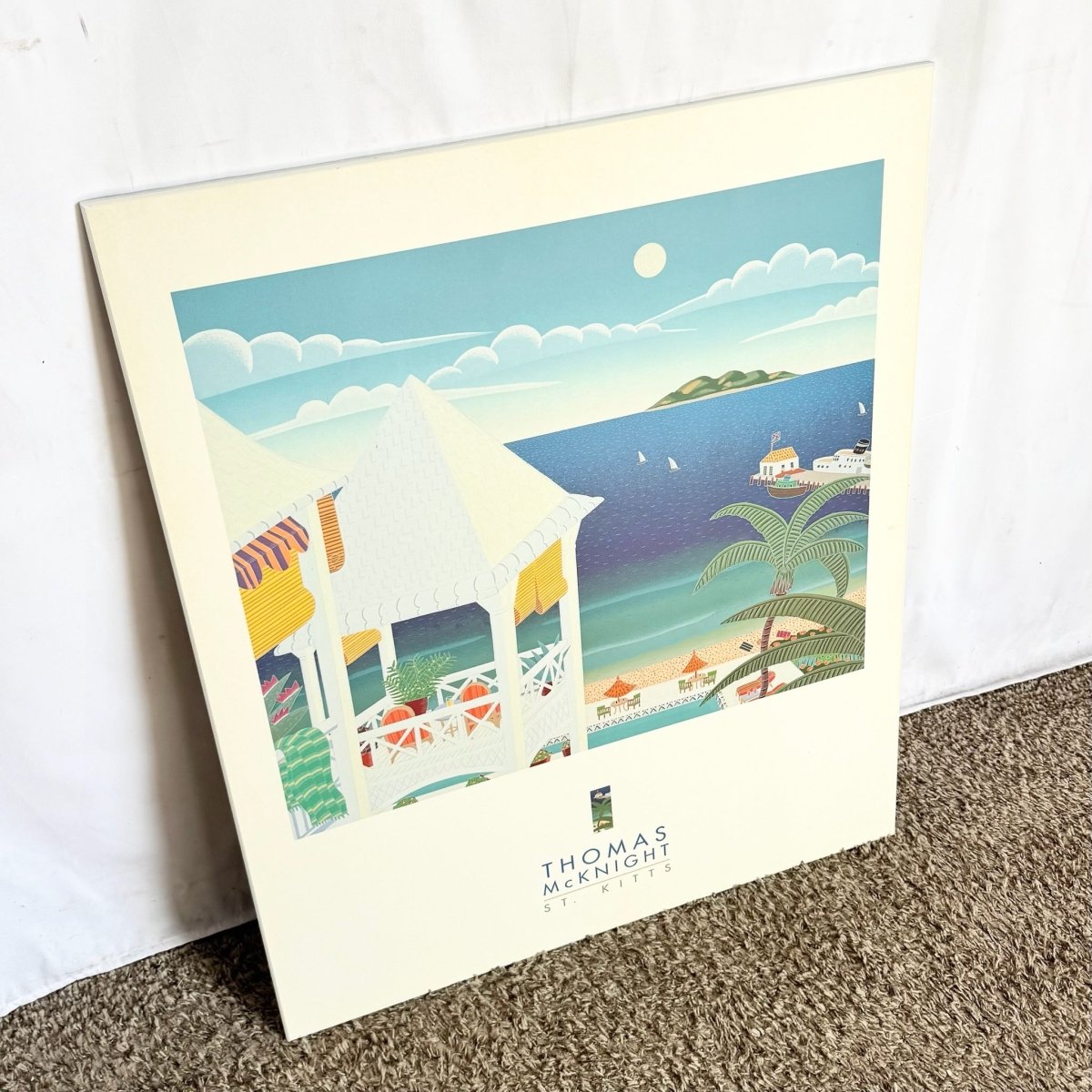 Vintage Thomas McKnight St. Kitts Print on Wood Board - Dolphin & Flamingo