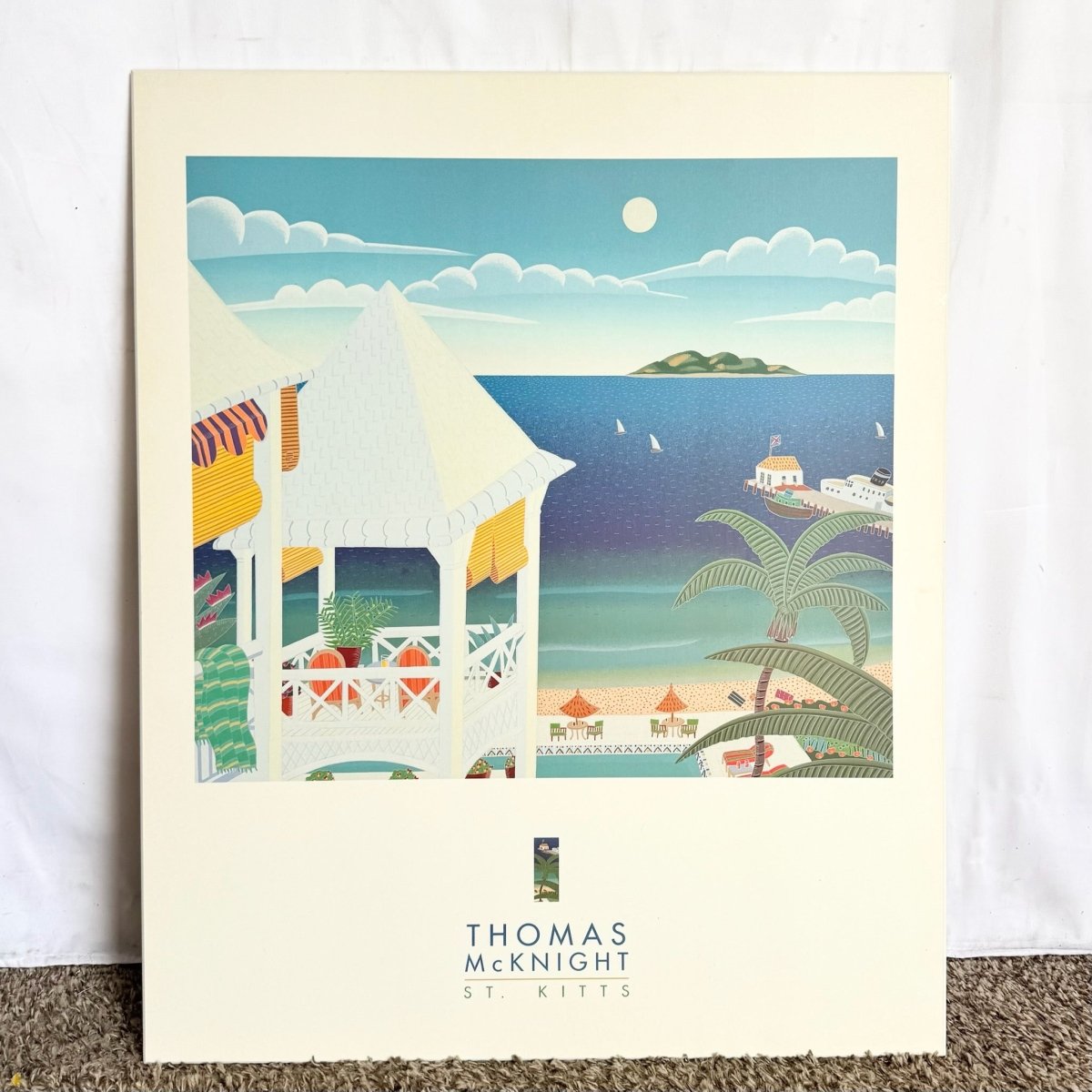 Vintage Thomas McKnight St. Kitts Print on Wood Board - Dolphin & Flamingo