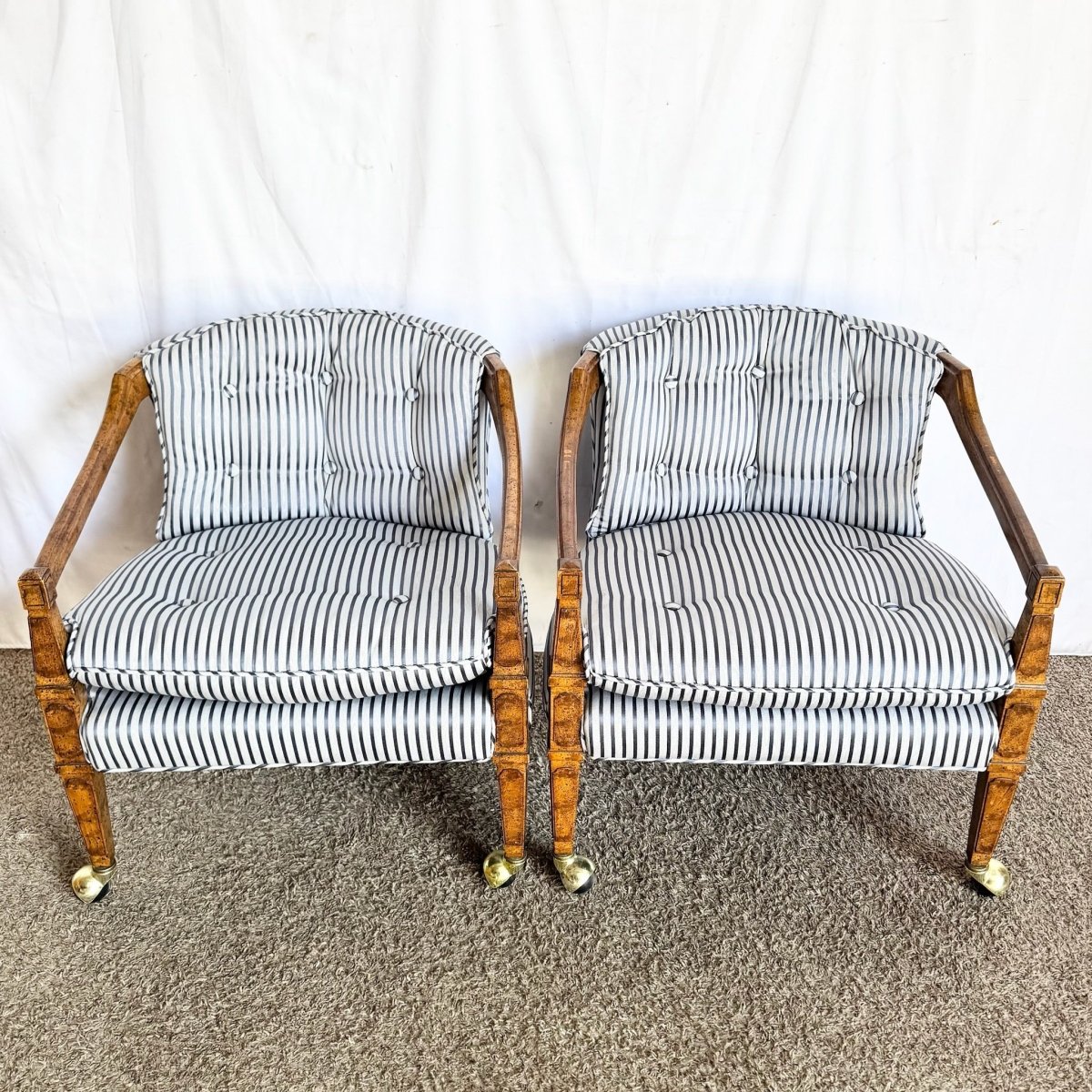 Vintage Tufted Blue and White Striped Tufted Arm Chairs on Caster - A Pair - Dolphin & Flamingo