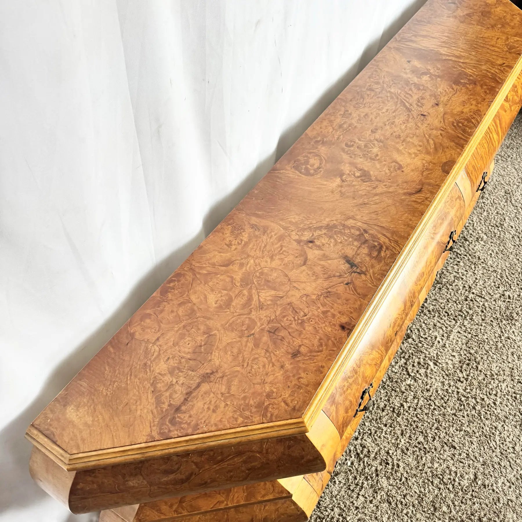 Vintage Venetian Bombe Burlwood Dresser