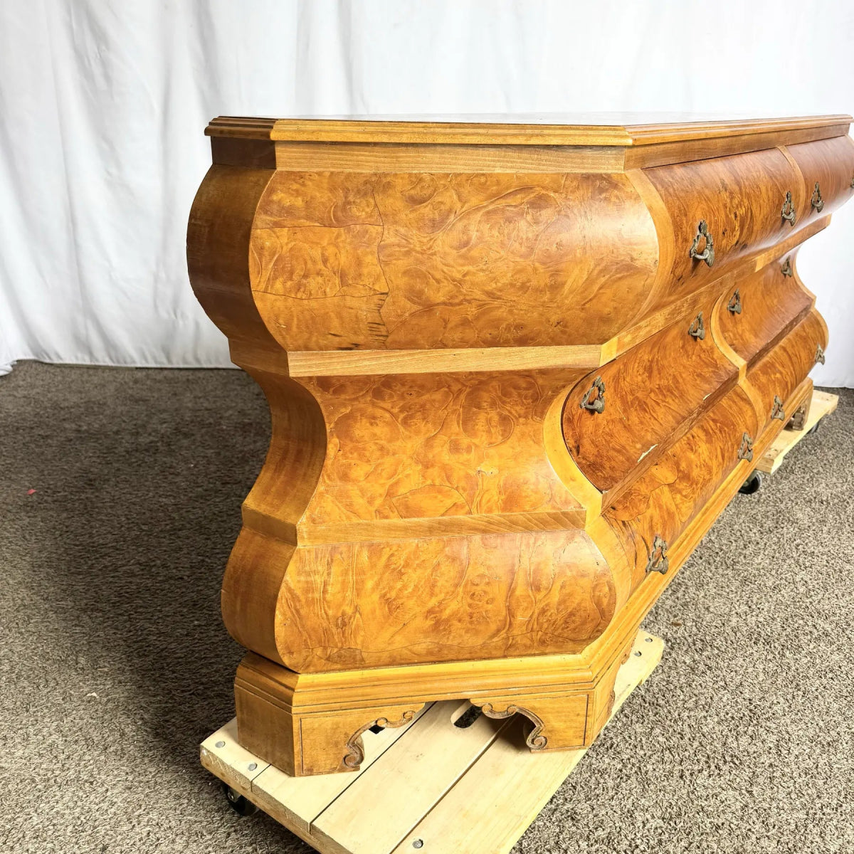 Vintage Venetian Bombe Burlwood Dresser - Dolphin & Flamingo