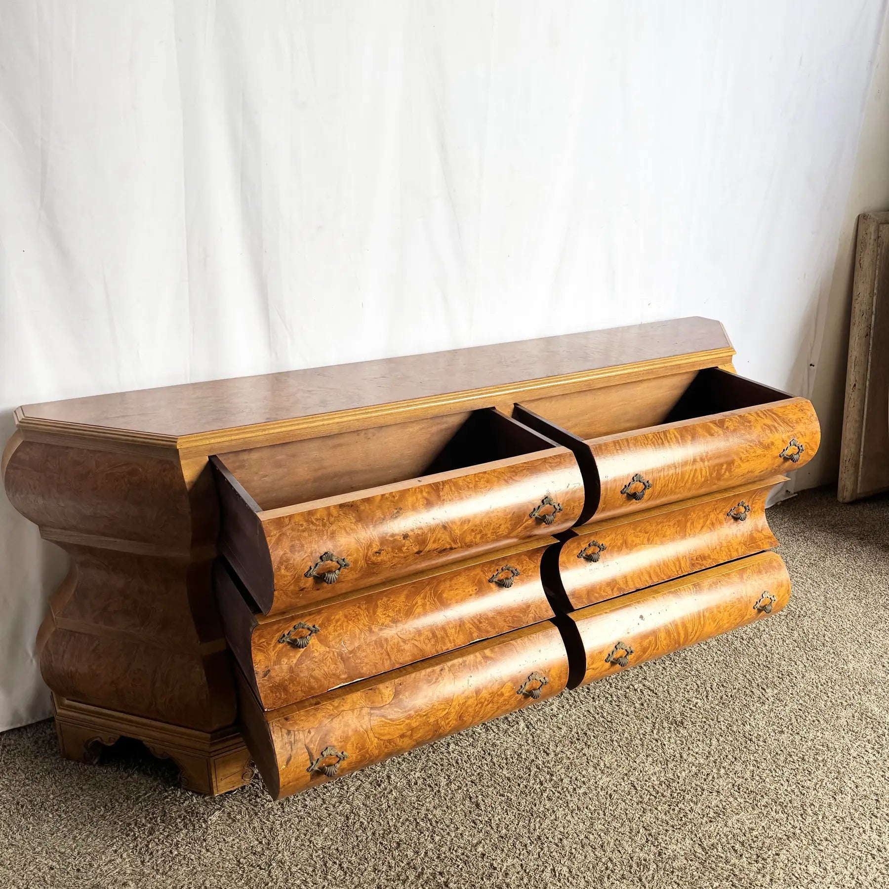 Vintage Venetian Bombe Burlwood Dresser