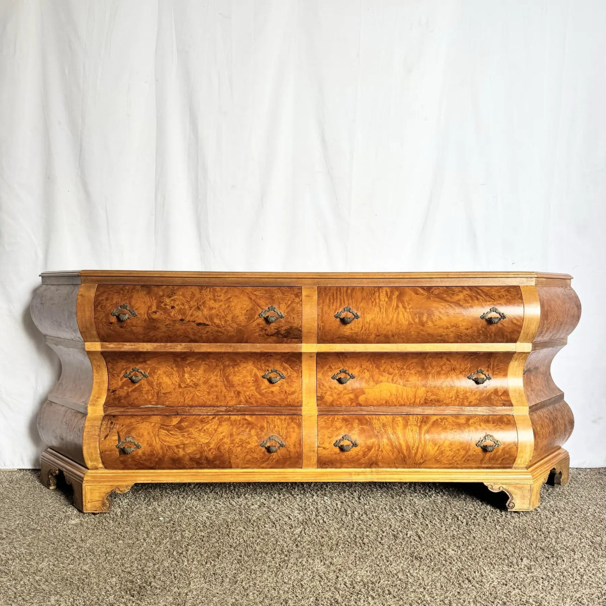 Vintage Venetian Bombe Burlwood Dresser - Dolphin & Flamingo