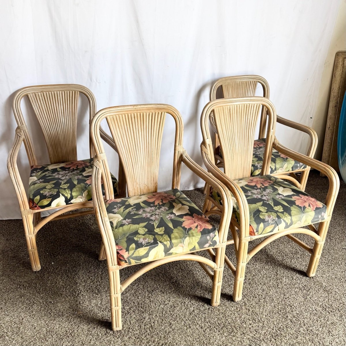 Vintage Washed Rattan Floral Dining Arm Chairs - Set of 4 - Dolphin & Flamingo