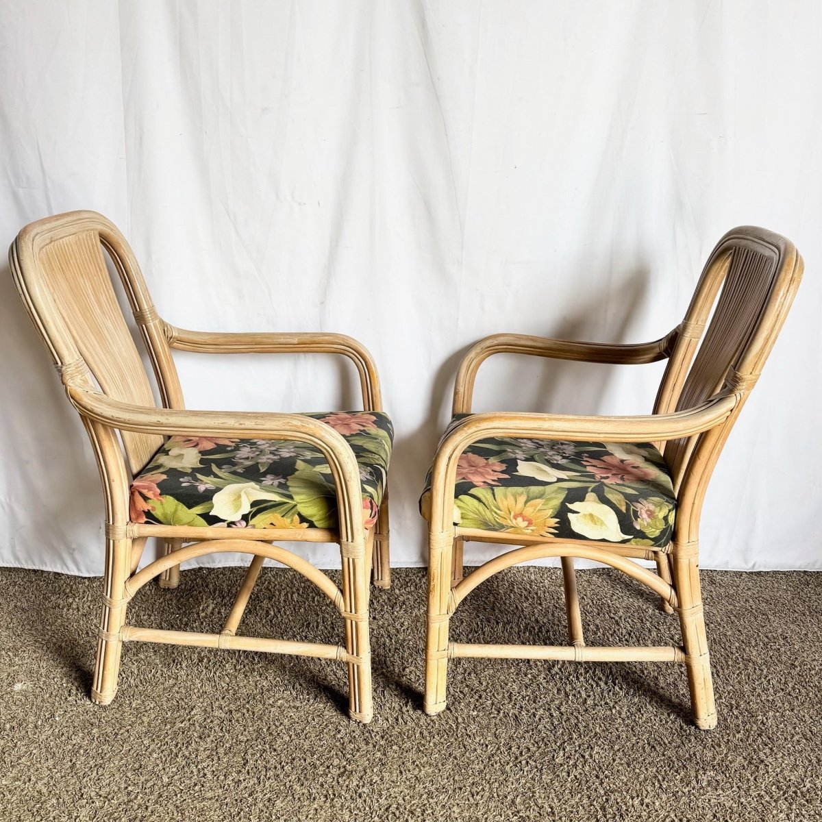 Vintage Washed Rattan Floral Dining Arm Chairs - Set of 4 - Dolphin & Flamingo