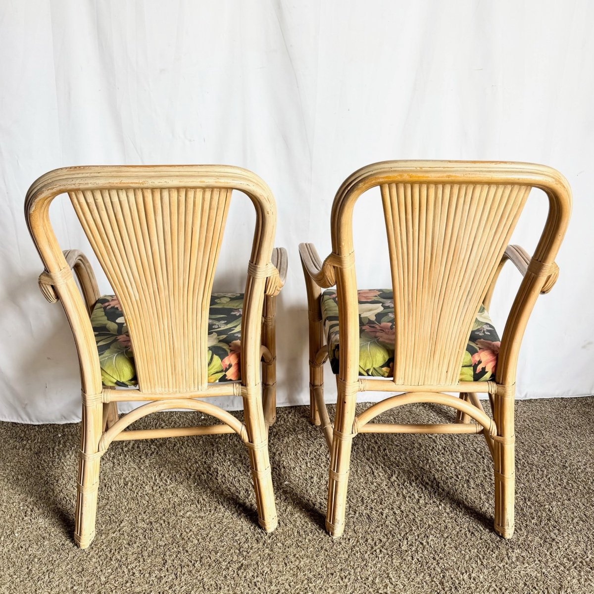 Vintage Washed Rattan Floral Dining Arm Chairs - Set of 4 - Dolphin & Flamingo